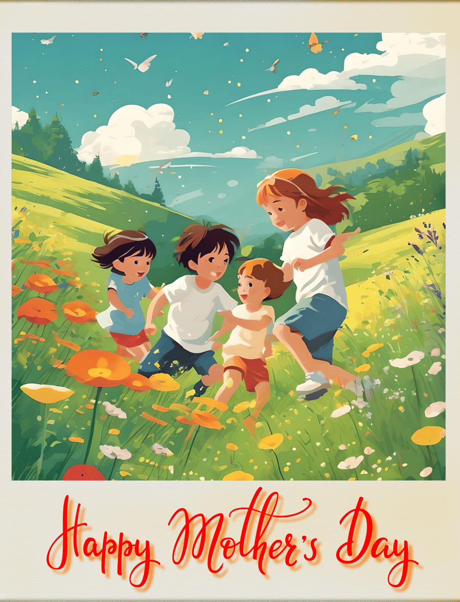 Happy Mother's Day Children Playing In A Meadow Card A5