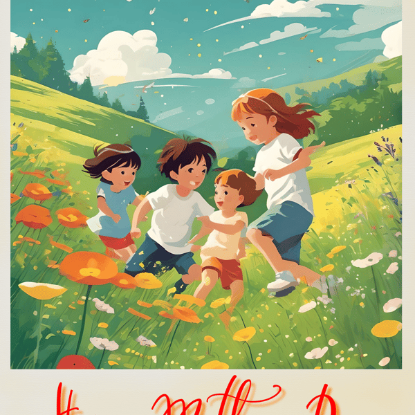 Happy Mother's Day Children Playing In A Meadow Card A5
