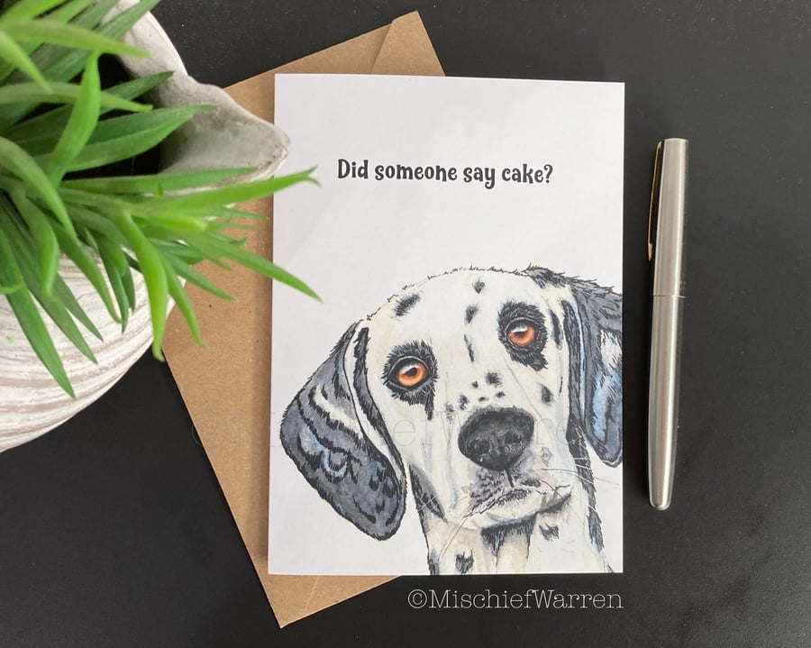 Dalmatian dog art card. Blank or personalised for birthday or any occasion.