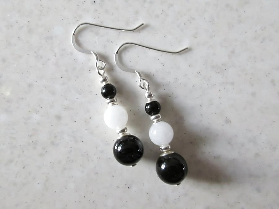 Black Onyx & White Jade Gemstones Beaded Earrings With Sterling Silver