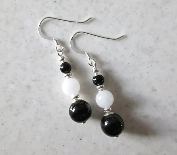 Black Onyx & White Jade Gemstones Beaded Earrings With Sterling Silver