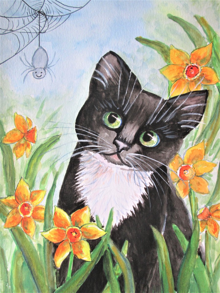 SOLD    Kitten and Daffodils. Original Painting