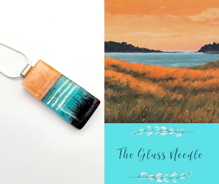 Fused Glass Sunset Scene Necklace on Sterling Silver Chain, Landscape Necklace