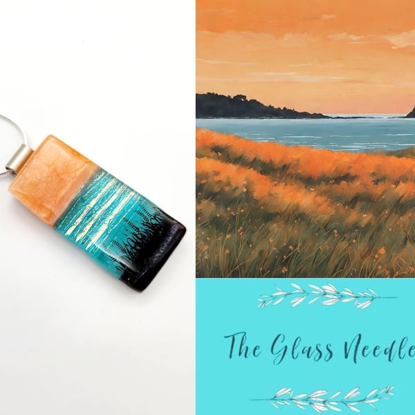 Fused Glass Sunset Scene Necklace on Sterling Silver Chain, Landscape Necklace