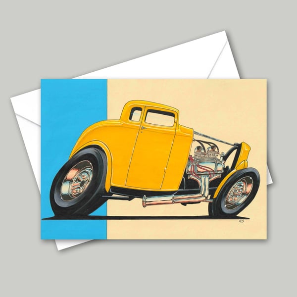 Classic American Yellow Hot Rod Car Greetings Card 