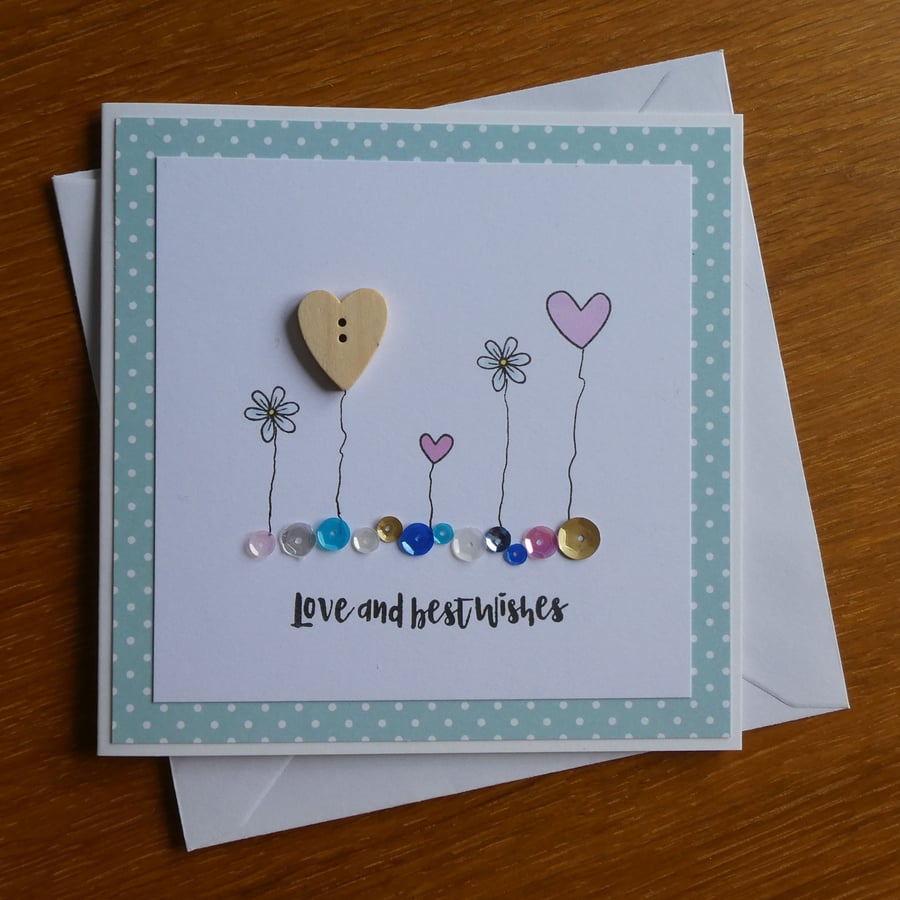Love and Best Wishes Card - Hearts and Flowers - Birthday, Anniversary, Get Well