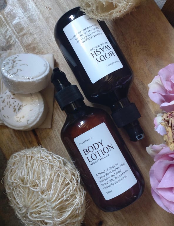 Body Wash and Lotion Pamper Set, Natural Sisal Sponge, Loofah and Shower Steame 