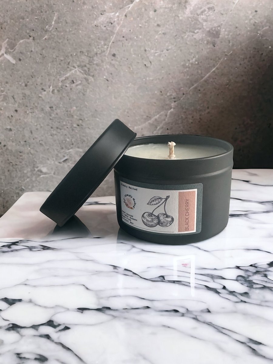 Black Cherry Scented Candle in a Tin, Made from Coconut Wax, Perfect Gifts for L
