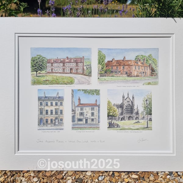 Jane Austen's Places,  Where She Lived, Wrote and Rests.  Hand Signed Print