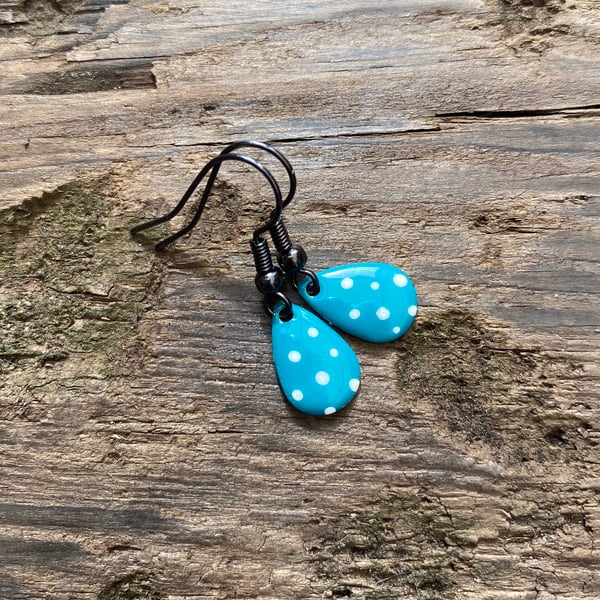 Turquoise & White Spot Enamel Teardrop Earrings. Sterling silver available