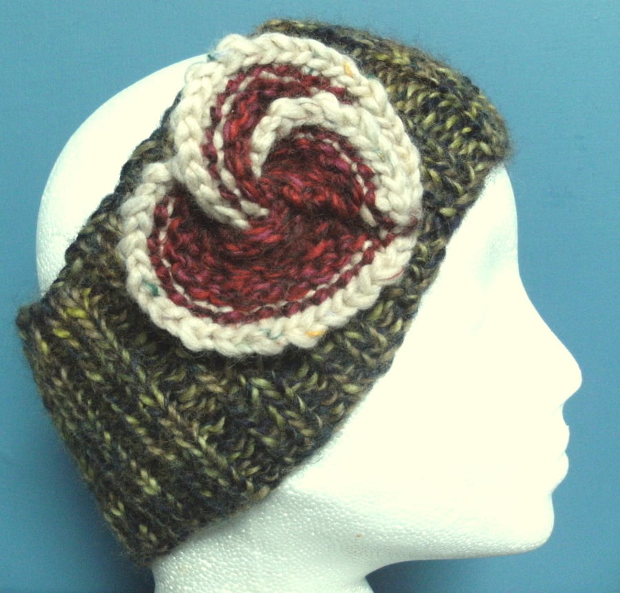 Hand knitted Double Ribbed Headband 100% wool - Khaki Tweed with Red Heart