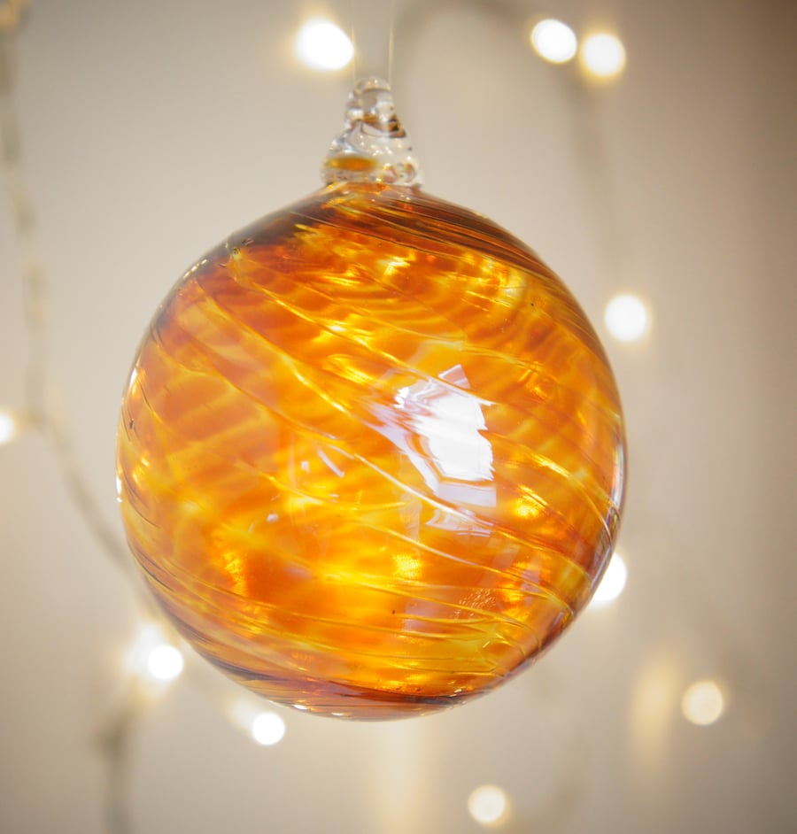 Swirly Gold Topaz and Sunlight Gold Handmade Blown Glass Christmas Bauble
