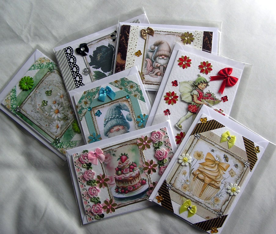 Bundle of 7 (Seven) all Different Decoupage Greeting Cards - Free UK Postage
