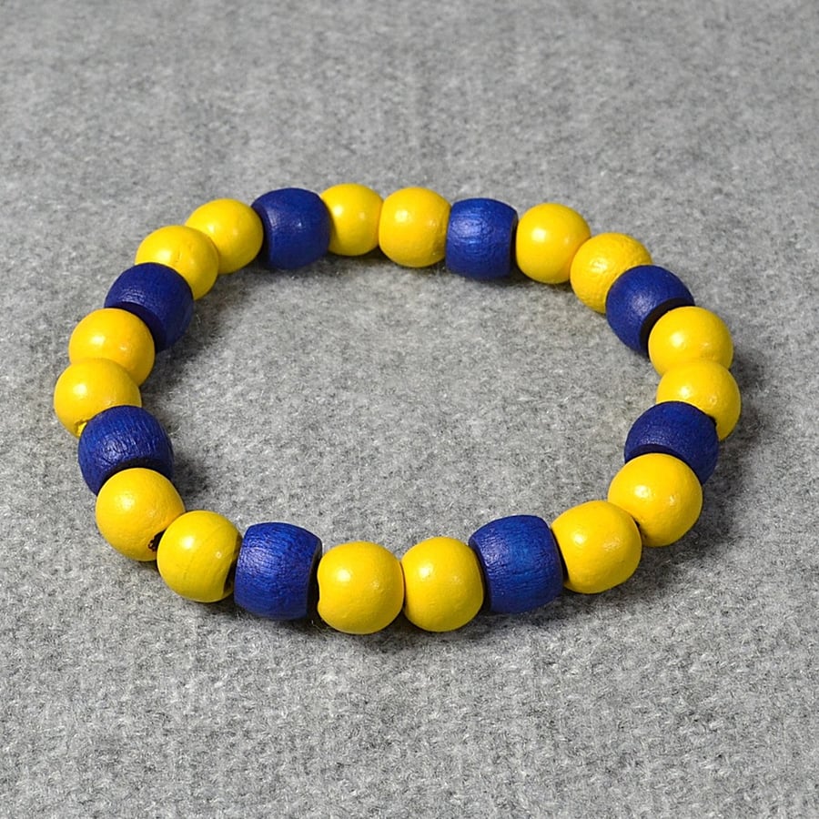 Dark Blue Wooden Barrel Bead and Yellow Wooden Bead Elastic Bracelet
