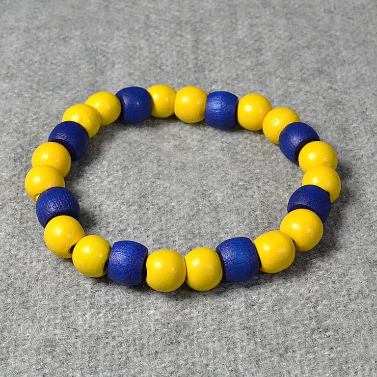 Dark Blue Wooden Barrel Bead and Yellow Wooden Bead Elastic Bracelet