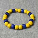 Dark Blue Wooden Barrel Bead and Yellow Wooden Bead Elastic Bracelet