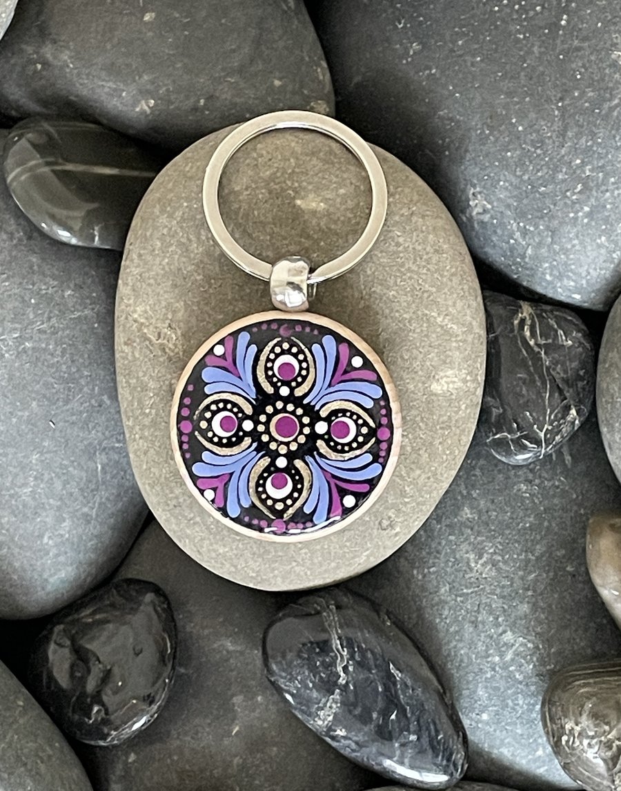 Hand Painted Keyring Mandala Acrylic Painting on Wood Original & Unique