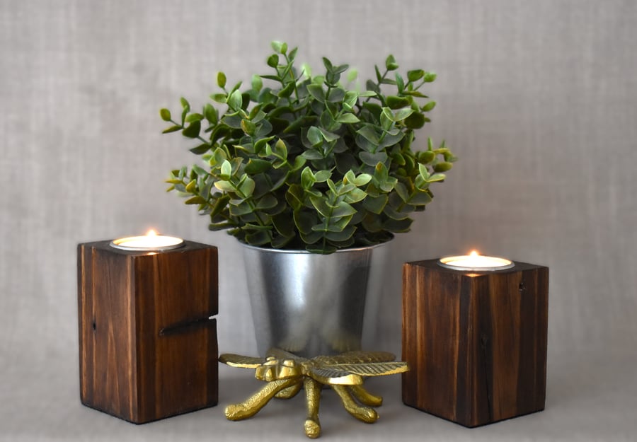 Set of 2 Rustic Tealight Holders – Upcycled Pallet Wood, Dark Oak Stain, Handmad