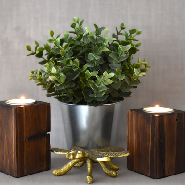 Set of 2 Rustic Tealight Holders – Upcycled Pallet Wood, Dark Oak Stain, Handmad