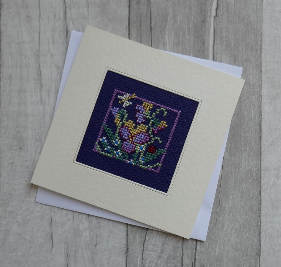 Cross Stitch Card with Pansy, Ladybird and Butterfly