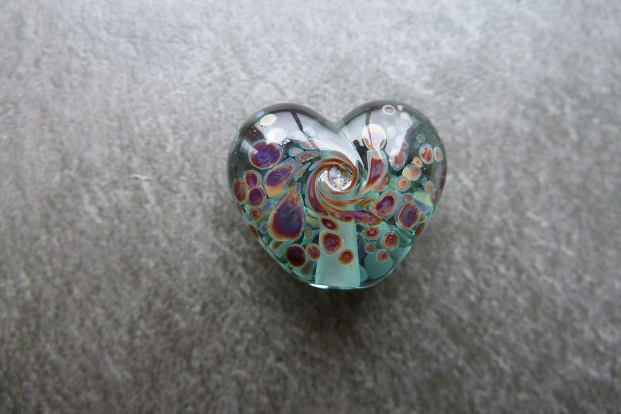 aqua raku heart lampwork glass bead
