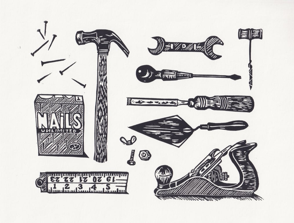 Tool Kit Lino Print- B&W