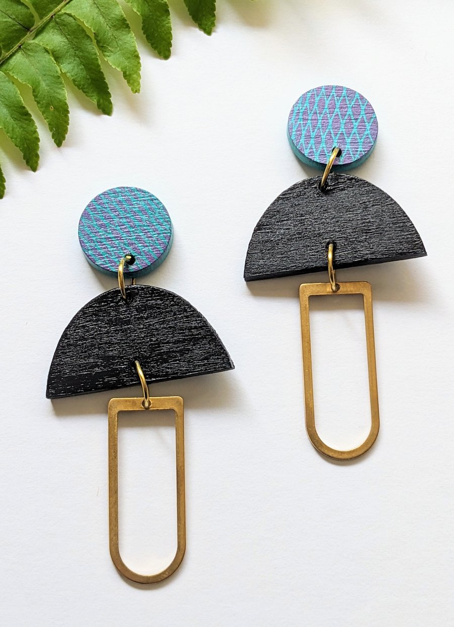 Sustainable, wood & brass statement earrings  (Bellever monoprint earrings)