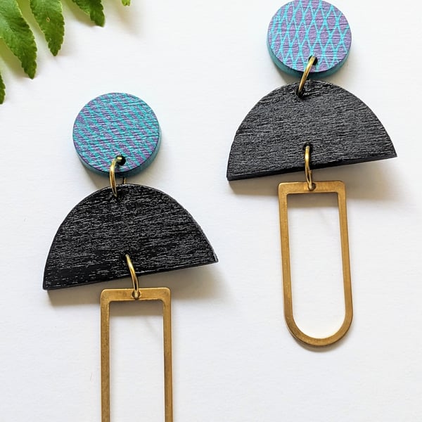 Sustainable, wood & brass statement earrings  (Bellever monoprint earrings)