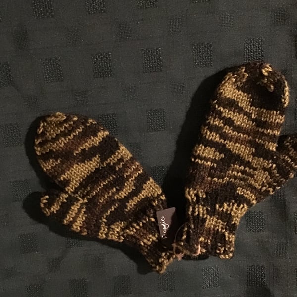 Camouflage Mittens Hand Knit Green Brown child 