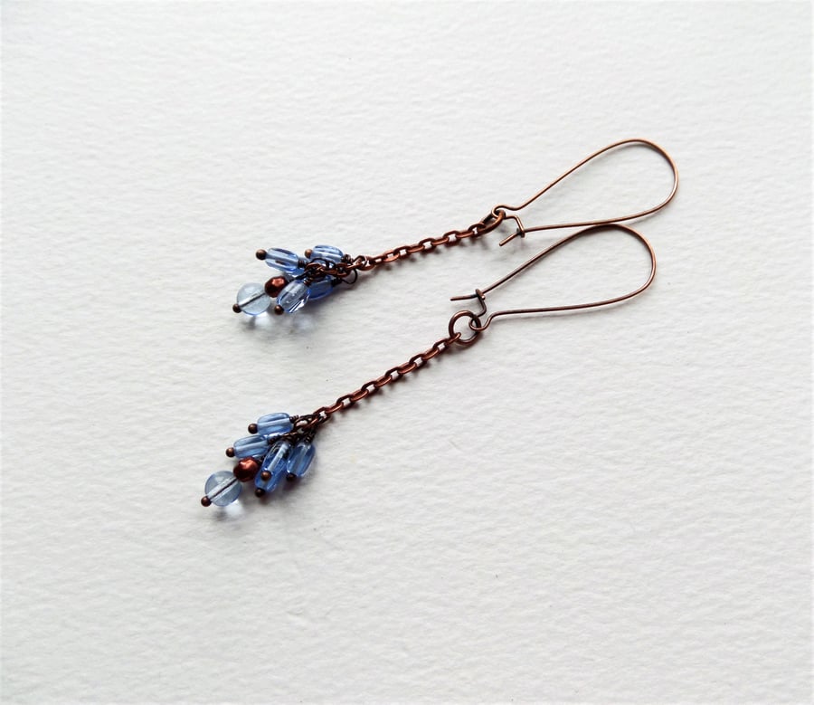 Long Copper Kidney Earrings, Light Blue Glass Cluster Long Drop