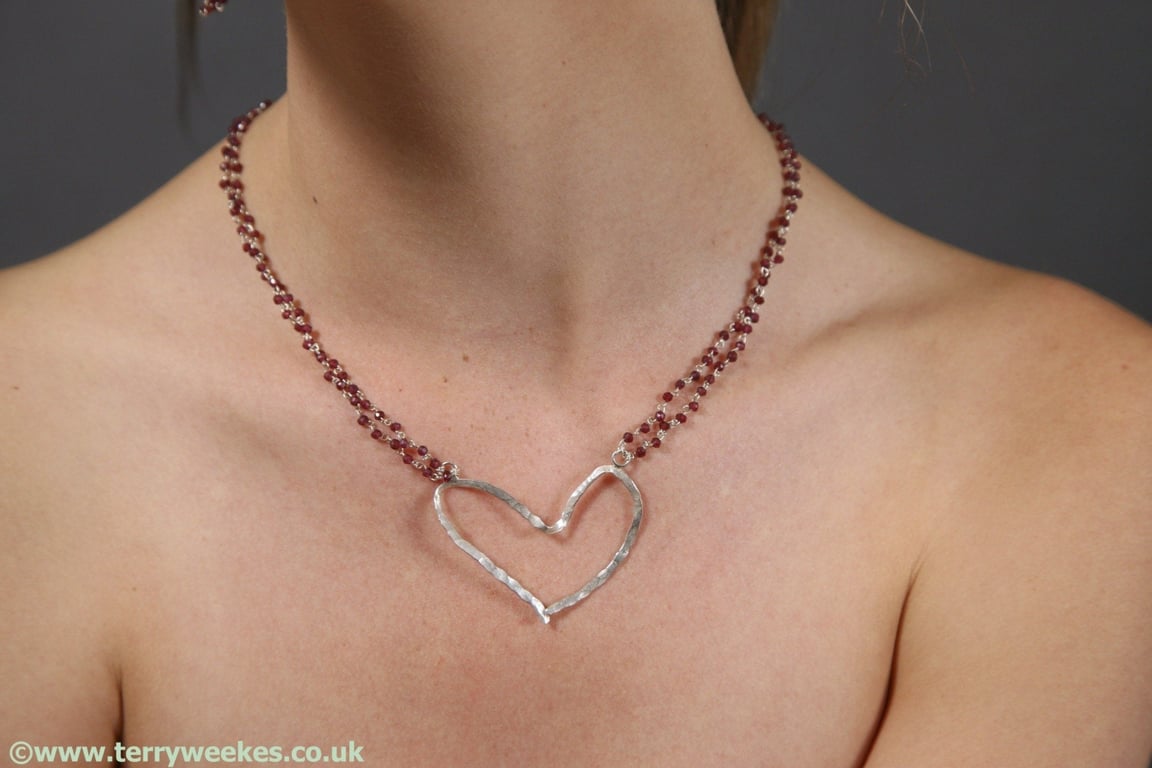 Garnet Beads and Silver Heart Necklace