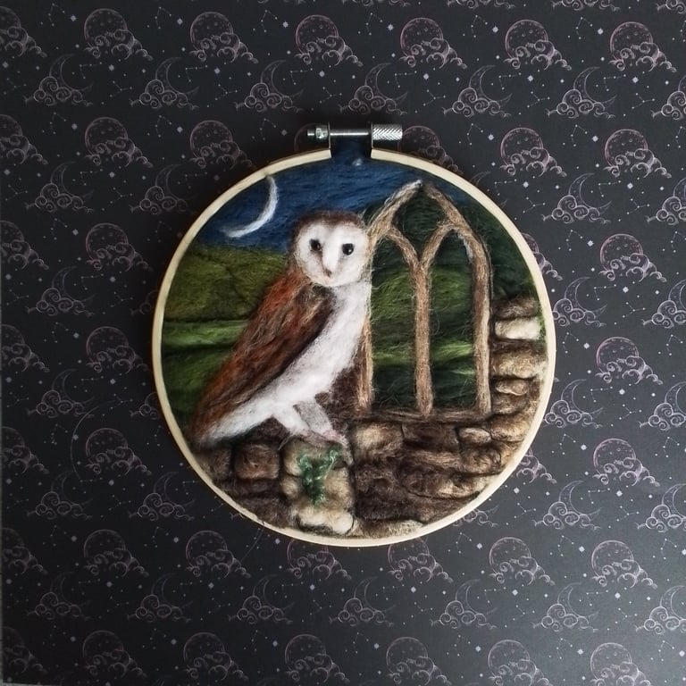 Owl in moonlit landscape needlefelted picture 