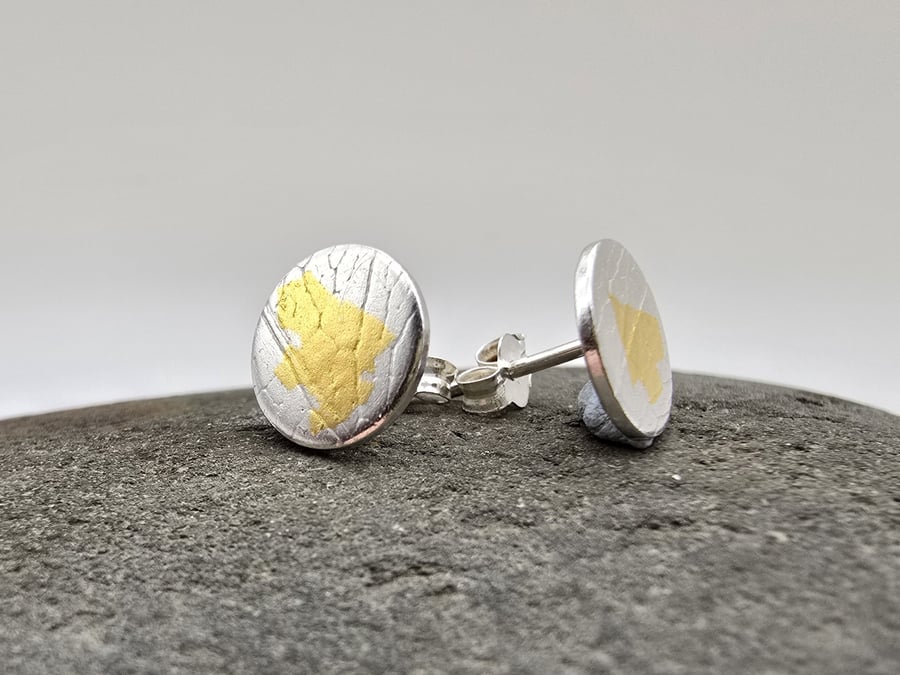 Sterling Silver Skeleton Leaf Imprint Keum Boo Stud Earrings