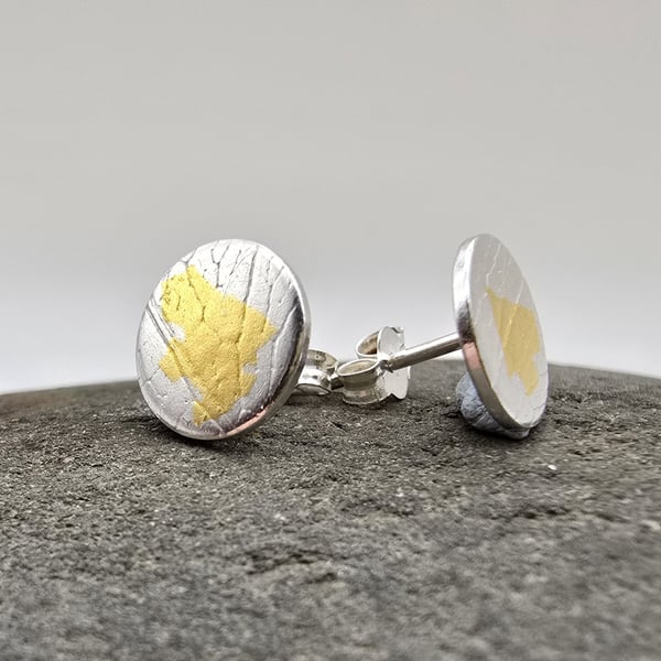 Sterling Silver Skeleton Leaf Imprint Keum Boo Stud Earrings