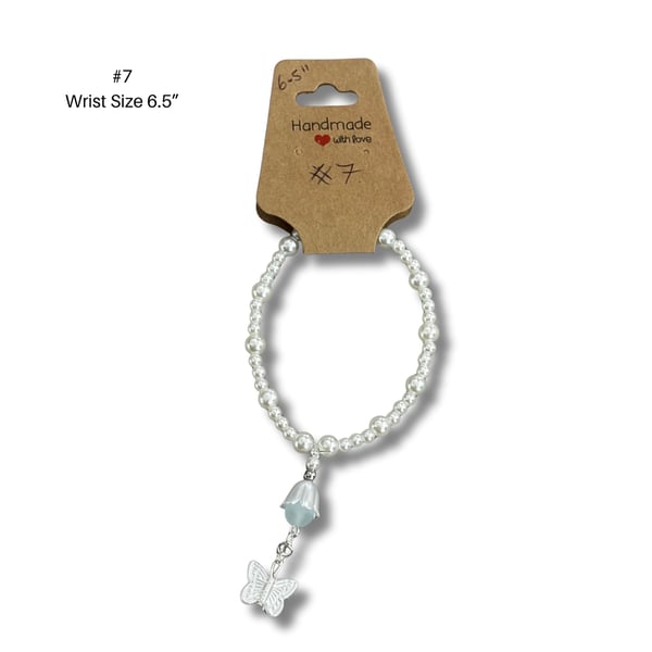 Bracelet 7 – Handmade White Pearl Bracelet 6.5”  Flower bud & Butterfly Charm 