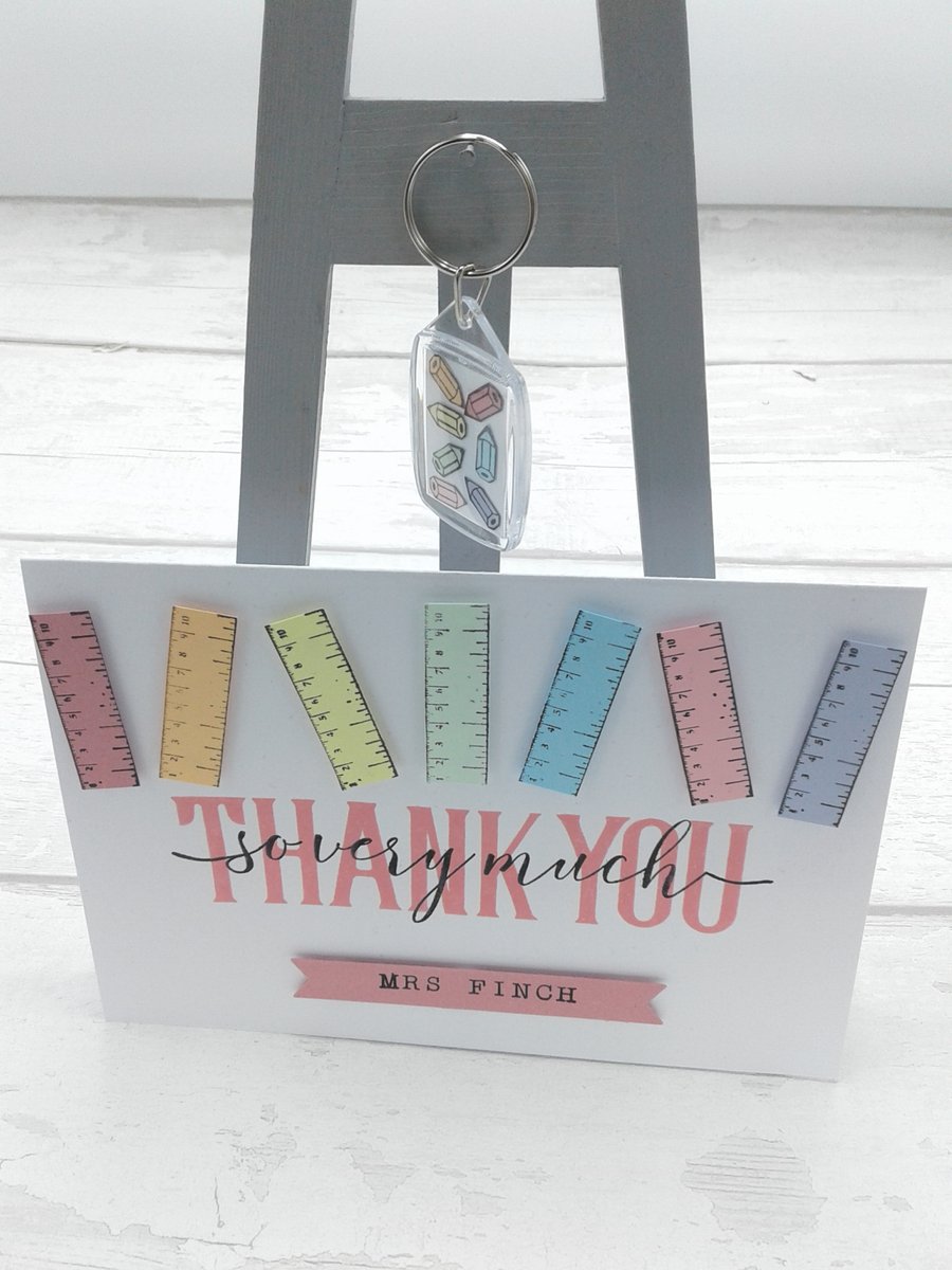 Teacher thank you card and gift. Personalised card and personalised key ring.
