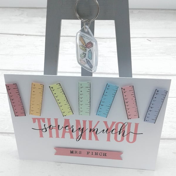 Teacher thank you card and gift. Personalised card and personalised key ring.