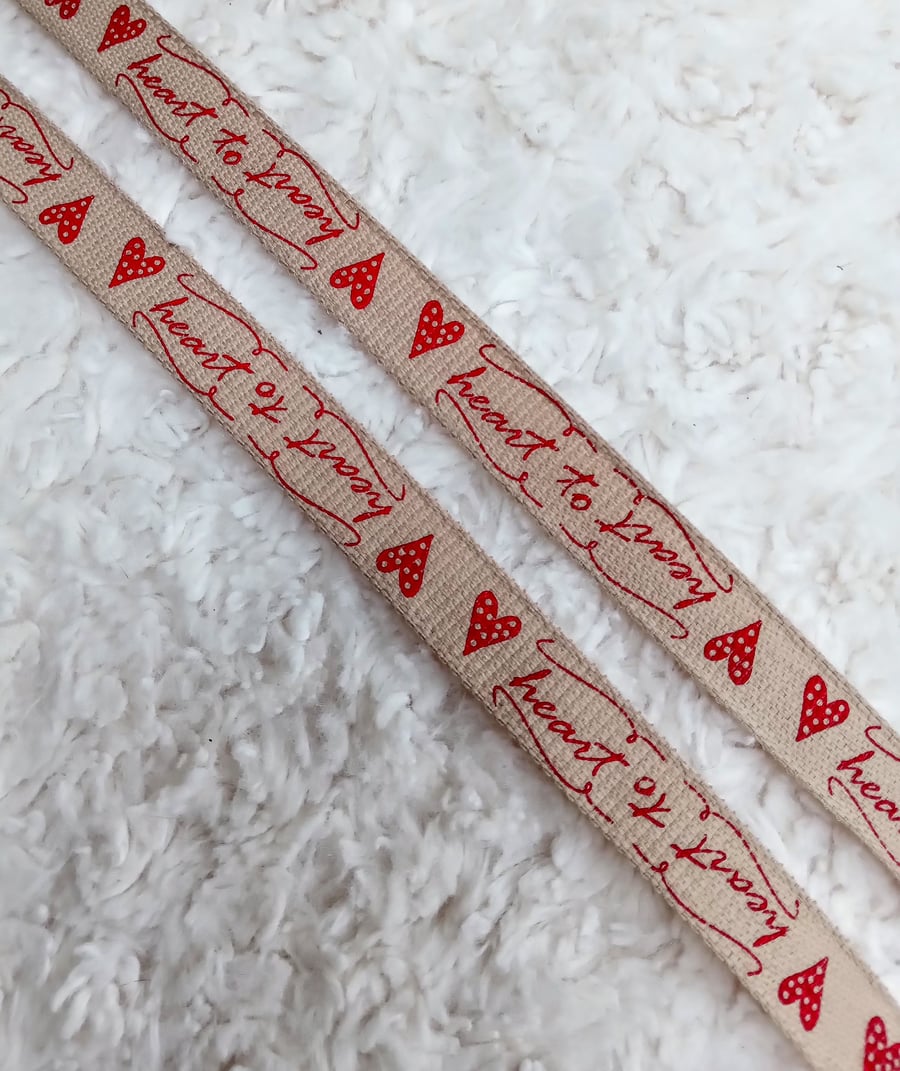 1 metre red on natural linen look HEART TO HEART 15mm wide ribbon for crafting