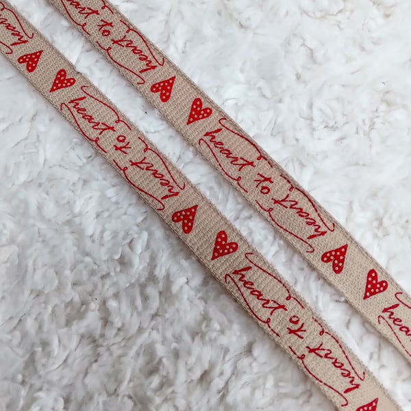 1 metre red on natural linen look HEART TO HEART 15mm wide ribbon for crafting