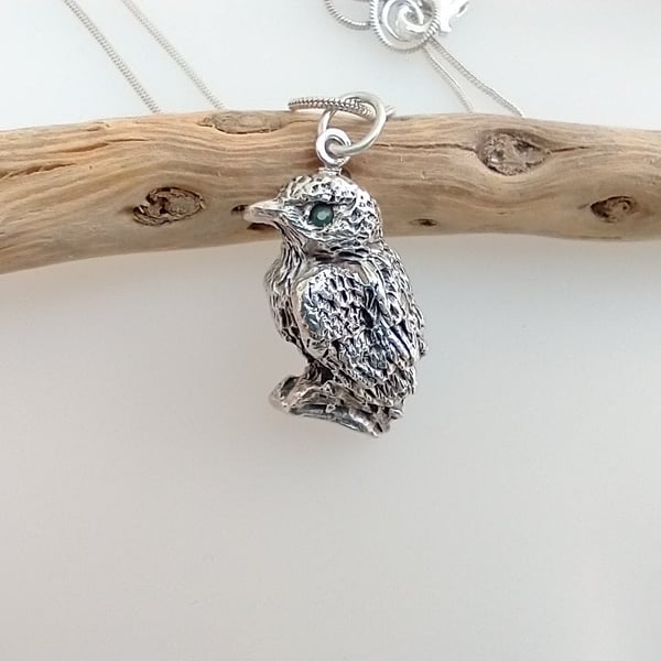 Fine Silver Robin Chick Necklace with Emerald Gemstone
