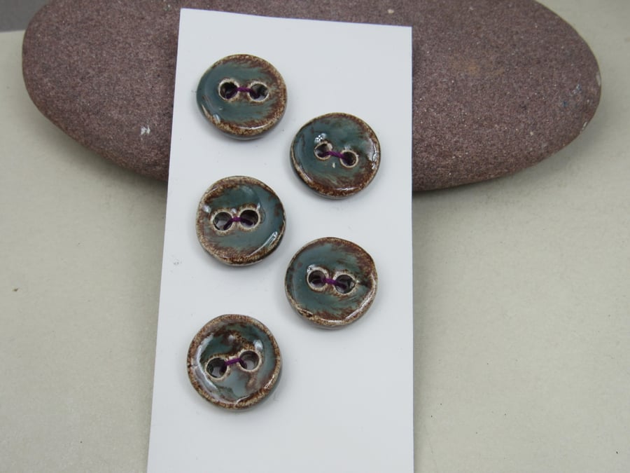 5 Small Round Sedge Green Ceramic Buttons