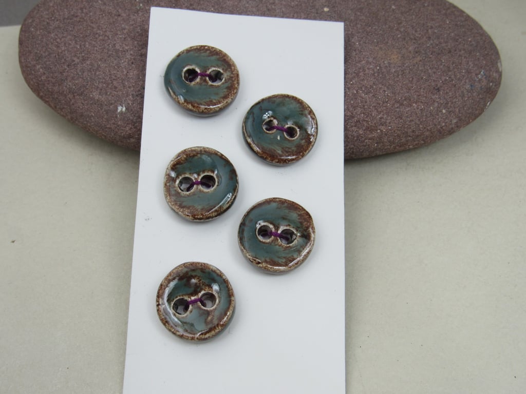 5 Small Round Sedge Green Ceramic Buttons