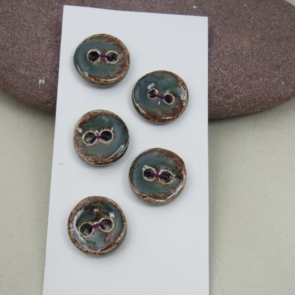 5 Small Round Sedge Green Ceramic Buttons