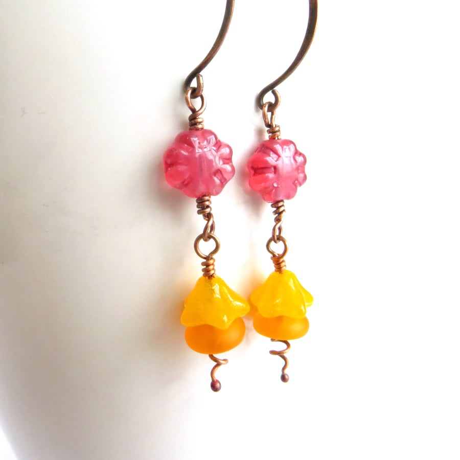 SALE Bright Pink and Orange Earrings, Long Flower Earrings, Copper Earrings