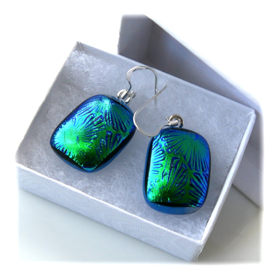 SOLD Dichroic Glass Earrings 310 Golden Emerald Florentine Fused 