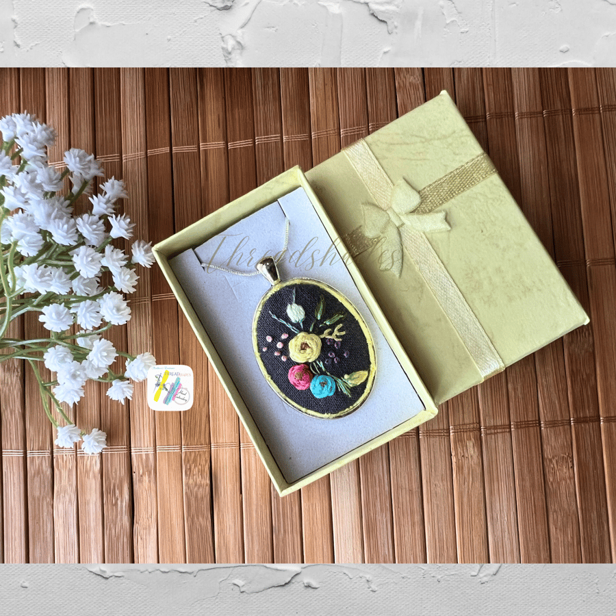 Hand embroidered pendant, gift for her, antique look necklace 