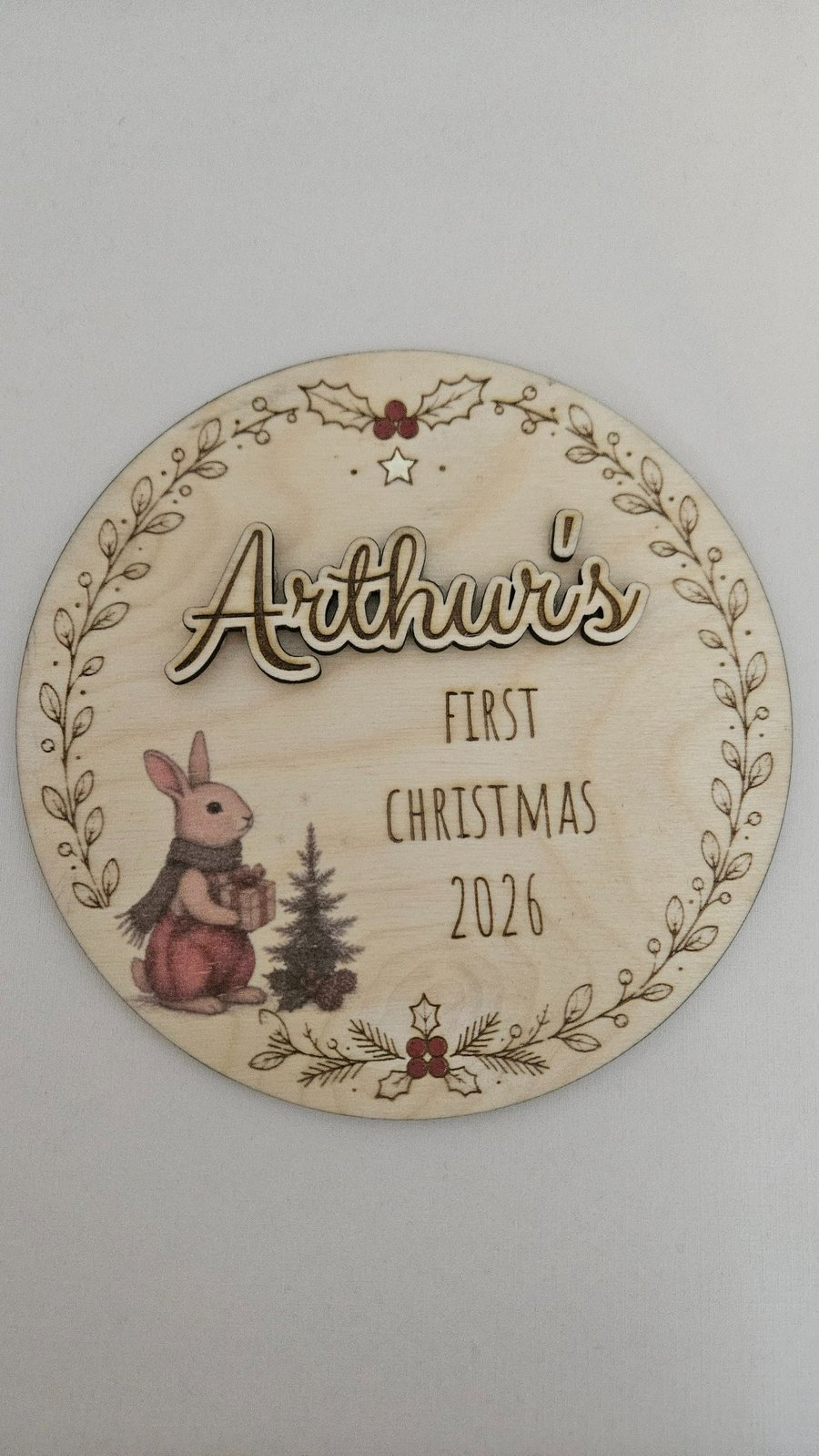 Personalised Baby's First Christmas Wooden Plaque – Arthur Rabbit Woodland Keeps