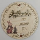 Personalised Baby's First Christmas Wooden Plaque – Arthur Rabbit Woodland Keeps