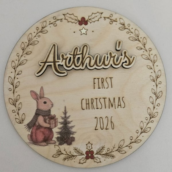 Personalised Baby's First Christmas Wooden Plaque – Arthur Rabbit Woodland Keeps