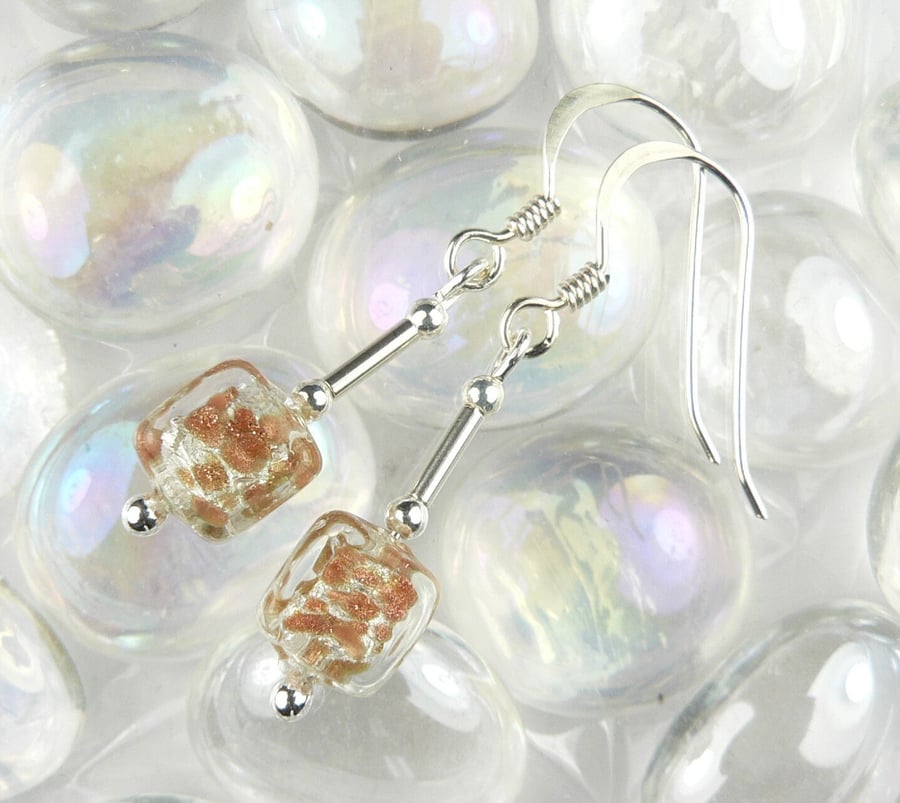 Murano glass cube drop earrings, sterling silver, 6mm, 3 colours